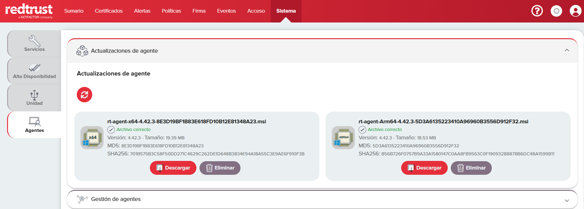 Sección Actualizaciones de agente con los paquetes MSI x64 y ARM64 subidos y su estado, versión, tamaño, SHA256 y MD5