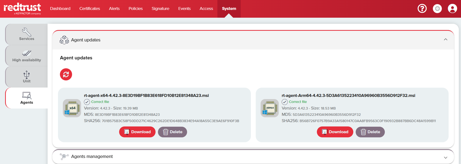 Agent updates section with the uploaded x64 and ARM64 MSI packages showing their status, version, size, SHA256, and MD5